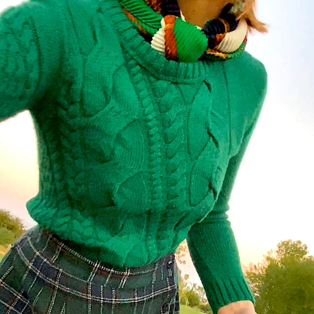 Cremieux preppy green cable-knit pullover fitted sweater, women’s XS